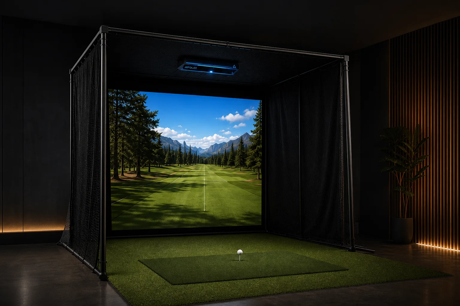 Visualización conceptual de un simulador Blacklabel con TruGolf APOGEE